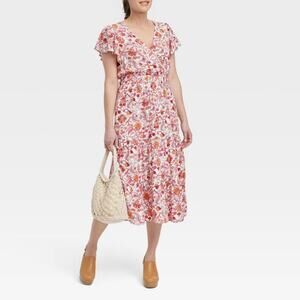 Floral Faux Wrap Midi Dress in Pink and Coral